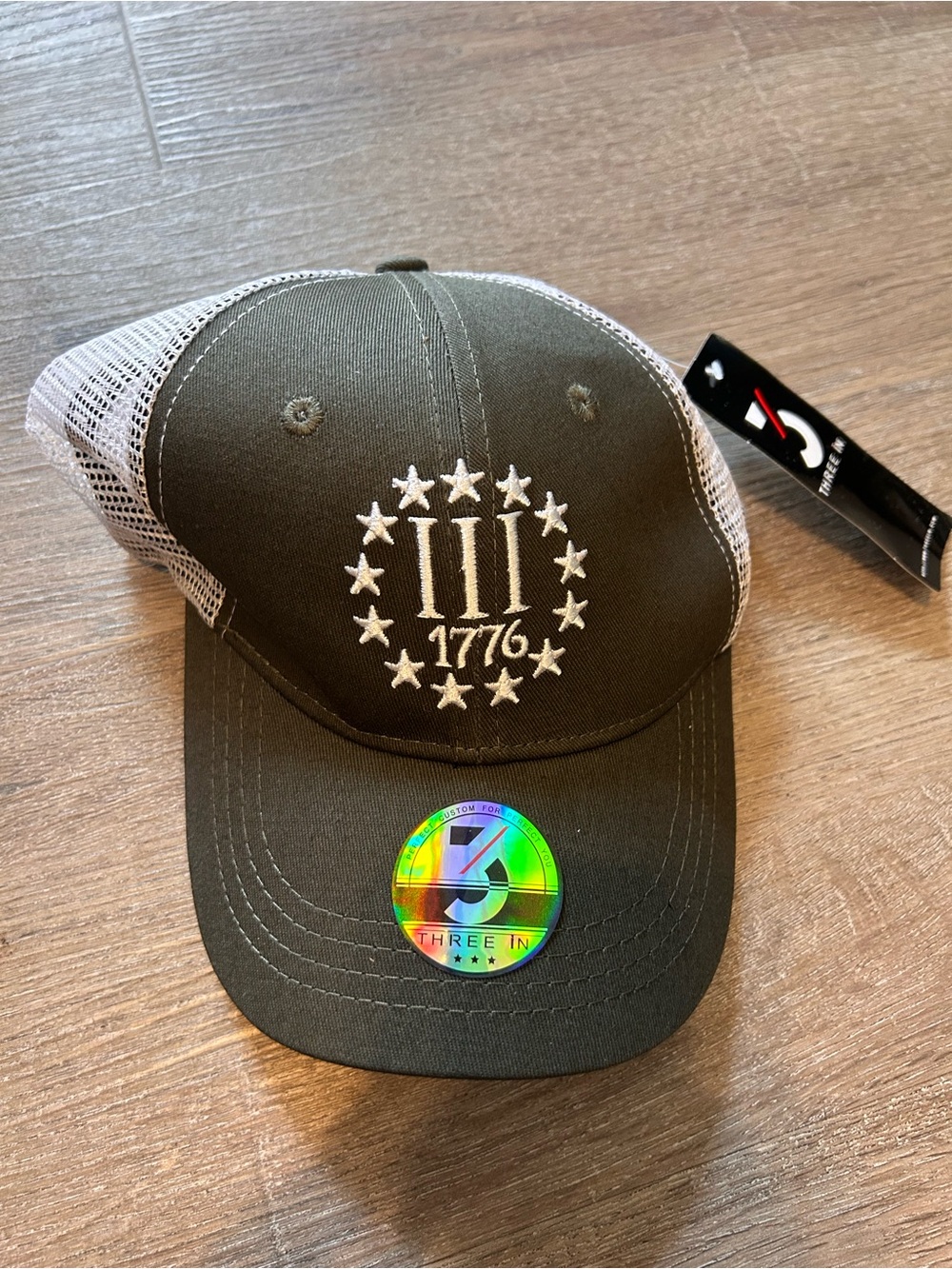 Three In Trucker Hat Unisex One Size Charcoal 1776 Stars Embroidered